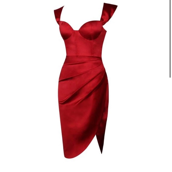 Red sweetheart draping sleeve satin corset dress - Picture 7 of 10